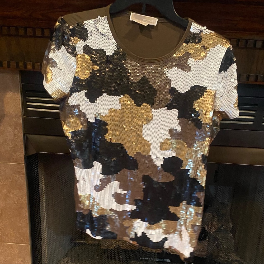Michael Kors Sequin Camo Short Sleeve Top